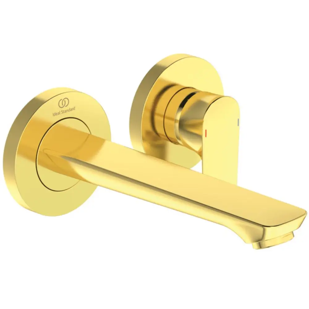 Wandarmatur in mattem Gold, hergestellt von Ideal Standard. Mit einem geraden Auslauf und einer einfachen Bedienung.